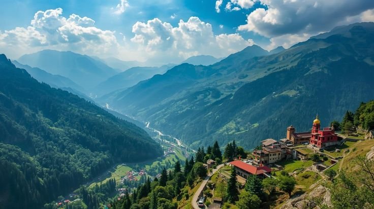 Scenic mountains and green valleys in Himachal Pradesh, India